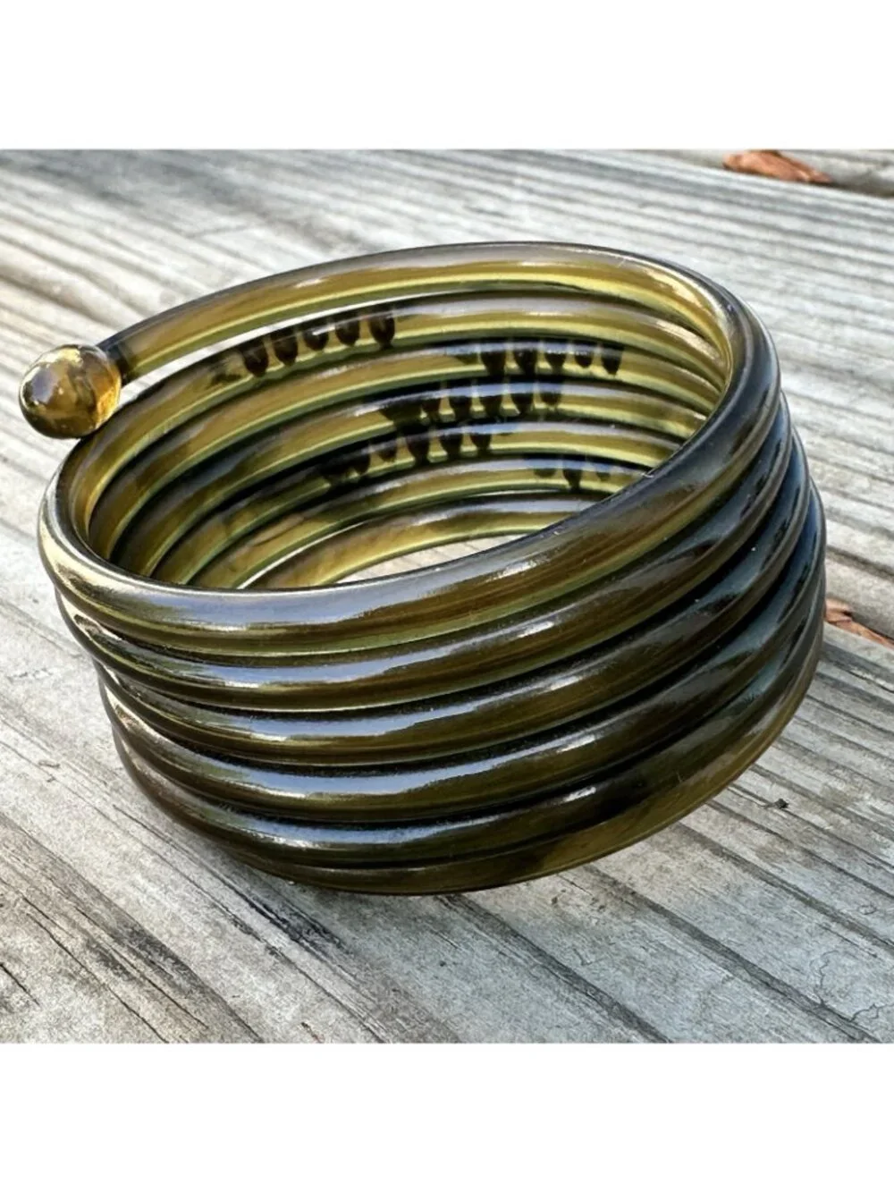RARE Art Deco Clear Green Celluloid Rhinestone Coil Wrap Bangle Bracelet Snake